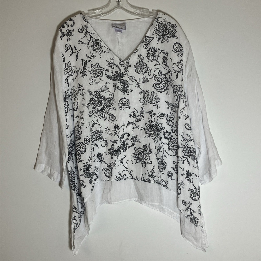 LA Fixsun Top Womens XL White Black Linen Paisley Relaxed Beach Lagenlook USA